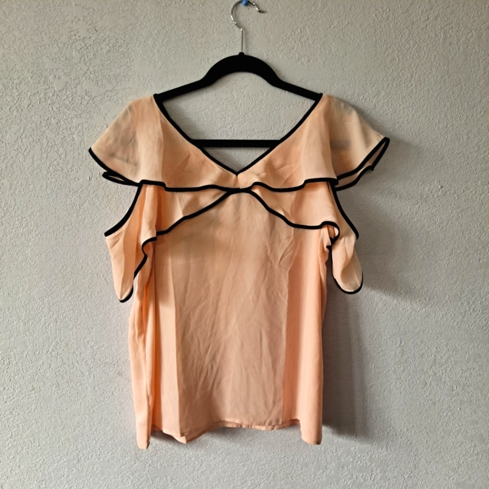 Pink LOFT Outlet Ruffle Blouse with Black Trim